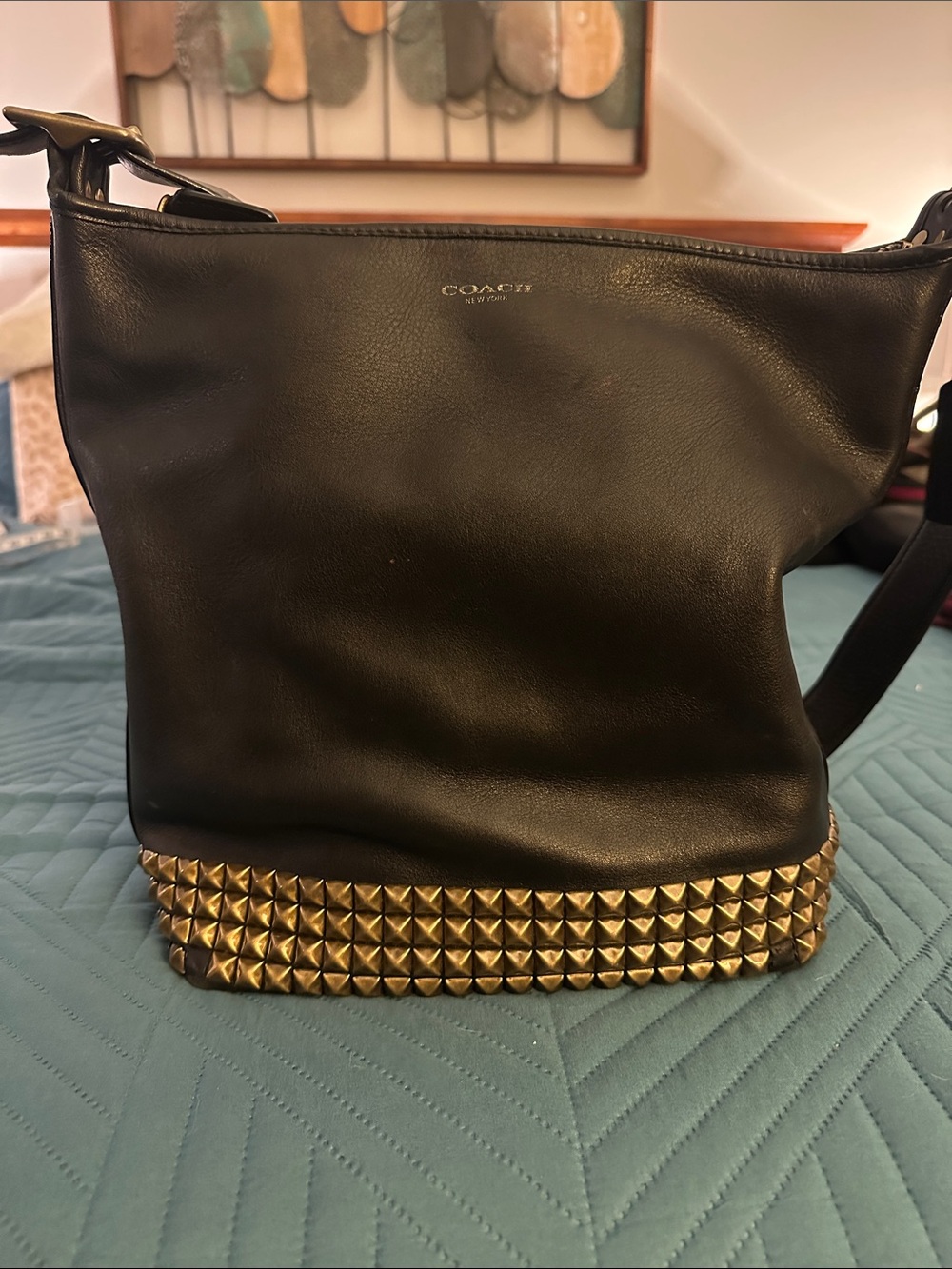 Coach Black Leather Shoulder Bag with Gold Stud Trim